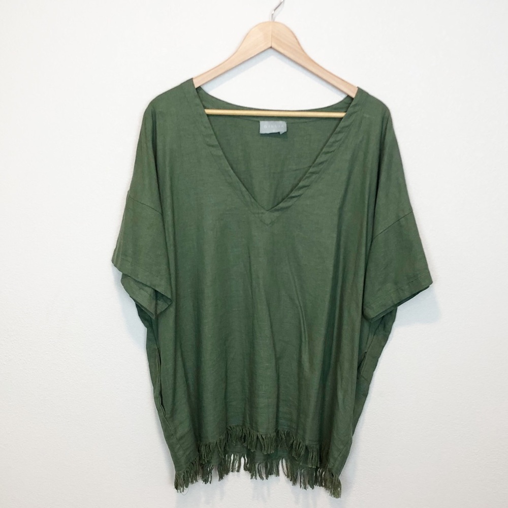 Gillia V Neck Linen Fringe Top Boho Langenlook Boxy Size Small